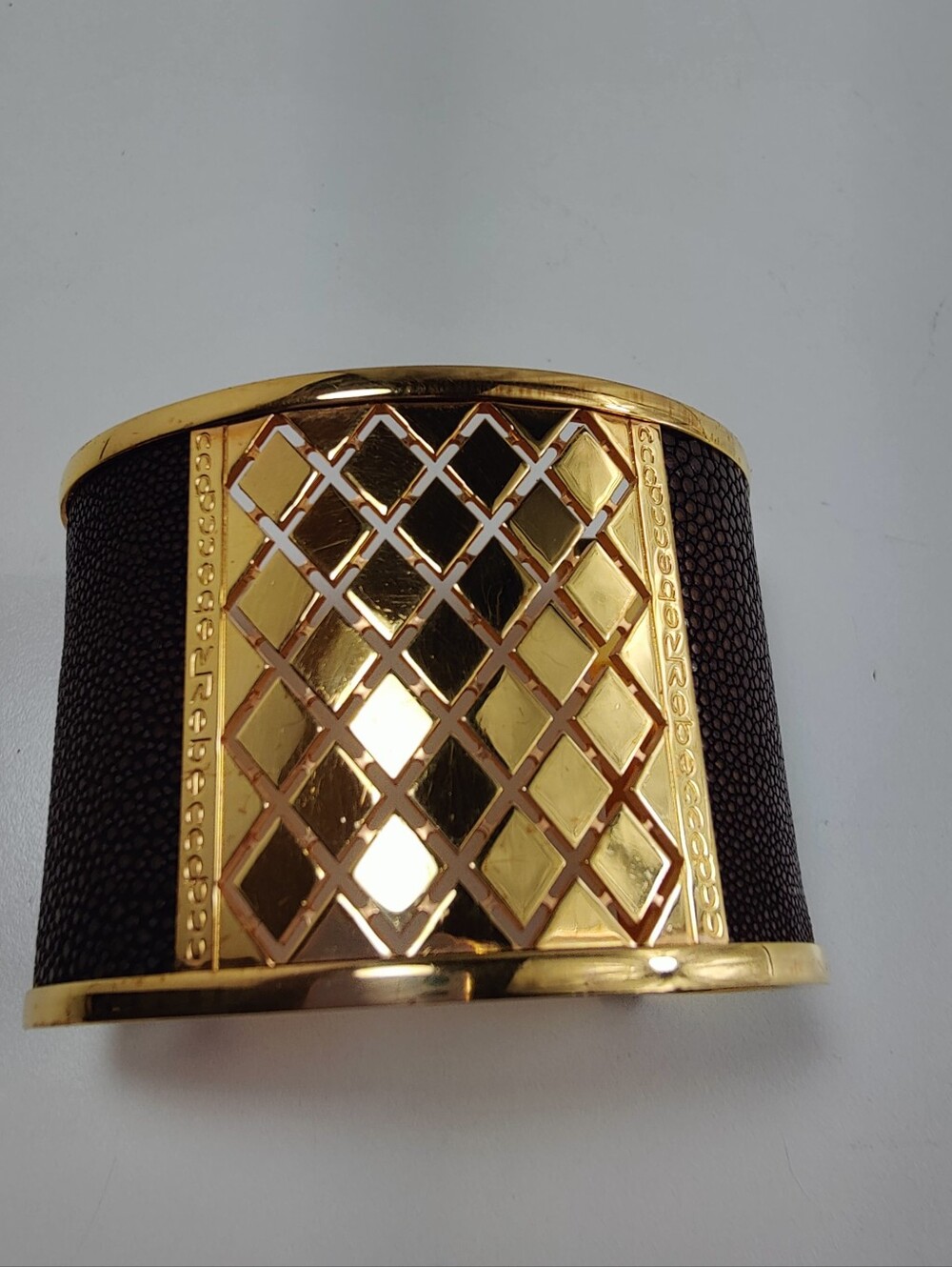 Rebecca Italy Wide Gold Tone Brown Textured Cuff Bracelet Designer Statement - Picture 12 of 14